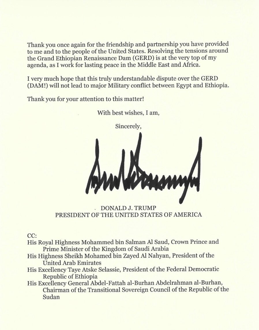 BREAKING: US President Donald Trump in a letter to Egyptian President Abdel Fattah el Sisi offers to mediate between Egypt and Ethiopia of their dispute over the sharing of Nile River waters. I am ⁠ready to restart U.S. mediation between Egypt and Ethiopia to responsibly