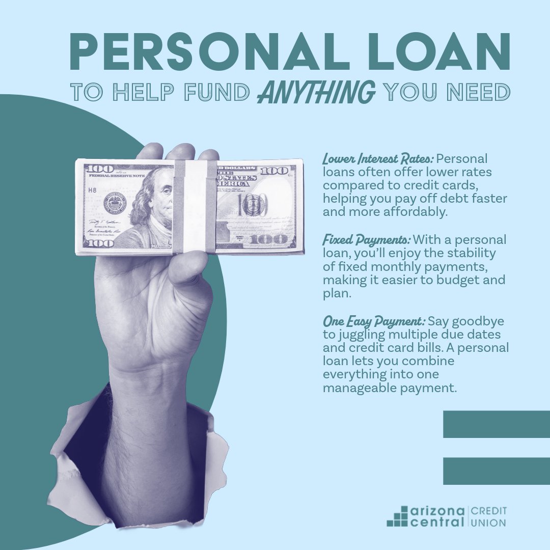 Don't miss out on our 7.99% personal loan rate! 🌟

Let us help you fund a personal need - from consolidating debt, emergency or medical expenses, and even for your next vacation. 

Apply today! azcentralcu.org/loans/personal…