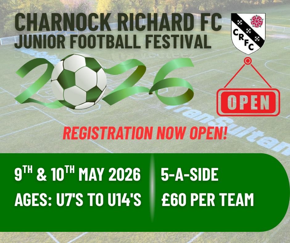 tournifyapp.com/live/crfcjunio…

Registration now open! 

Charnock Richard FC Tournament - U7 to U14s.

5v5 games are the format for all. Taking place on the first team pitch at Mossie Park, the home of Charnock Richard FC.