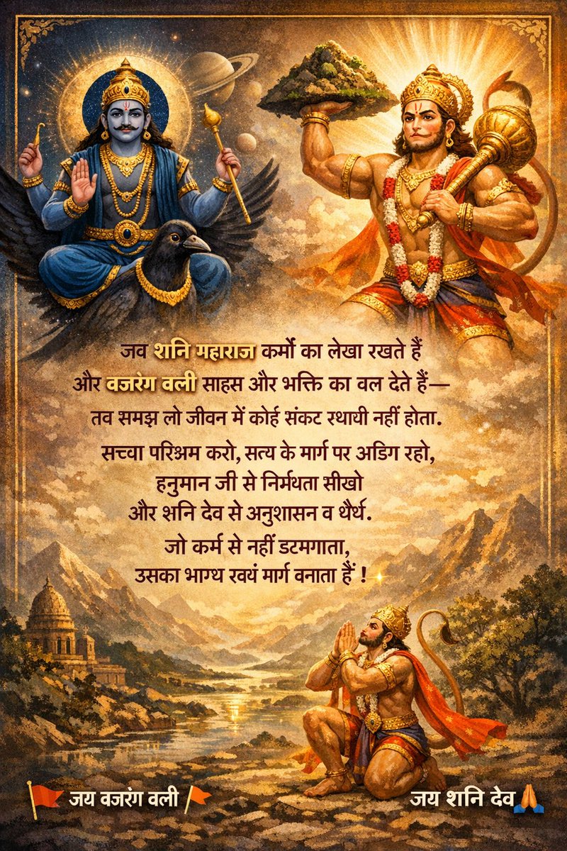 जब शनि महाराज कर्मों का लेखा रखते हैं
और बजरंग बली साहस और भक्ति का बल देते हैं-
तब समझ लो जीवन में कोई संकट स्थायी नहीं होता।
सच्चा परिश्रम करो, सत्य के मार्ग पर अडिग रहो,
हनुमान जी से निर्भयता सीखो
और शनि देव से अनुशासन व धैर्य।
जो कर्म से नहीं डगमगाता,
उसका भाग्य स्वयं मार्ग