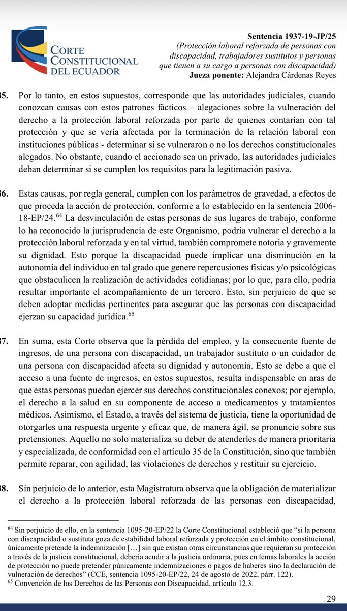 ⚖️ Importante sentencia referente al derecho a la estabilidad laboral reforzada de las personas con discapacidad, sustitutas y cuidadoras, en el contexto de la sentencia 2006-18-EP/24.

📝 La Corte Constitucional en sentencia 1937-19-JP/25, reiteró que el derecho a la estabilidad