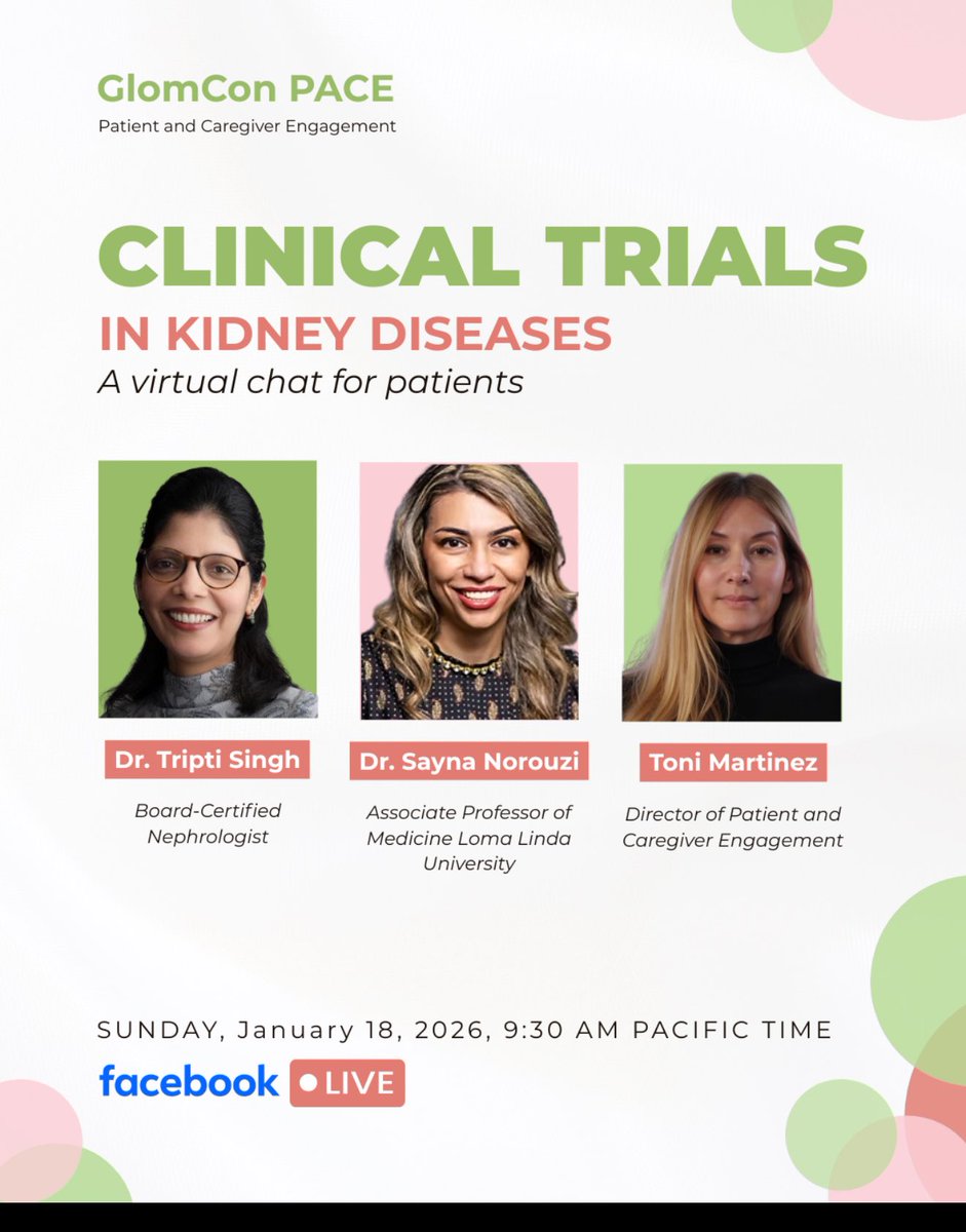 SaynaNorouzi's tweet image. ✍🏻Clinical trials; A Virtual Chat for Patients🫶

I’ll be answering your clinical trial questions and can’t wait to connect with GlomCon’s growing patient community.

#GlomConPaCE #Caregivers #Patients #Clinicialtrials @GlomCon