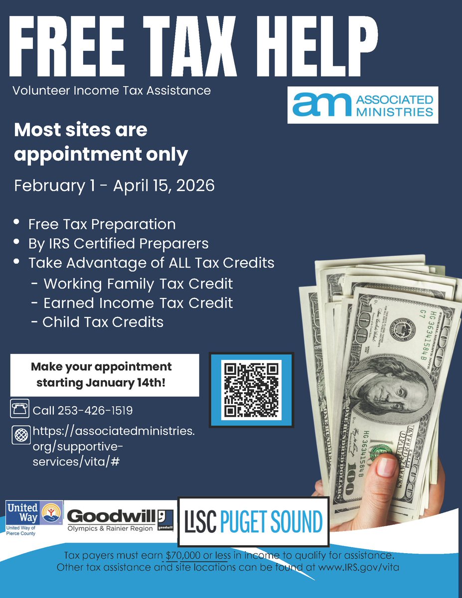 Need help filing your taxes? 

Get FREE assistance from IRS-certified preparers through the VITA program! If you earn $70K or less, you qualify for expert help. Appointments open now! 

📅 Feb 1–Apr 15, 2026
🔗 associatedministries.org/supportive-ser…
📞 253-426-1519