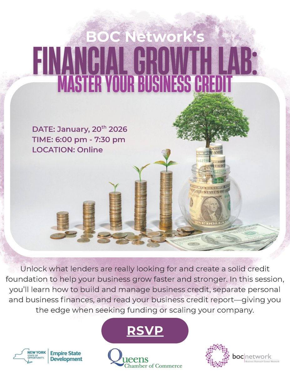 BOCNetwork's tweet image. 📢Join @BOCNetwork for this free financial webinar! Financial Growth Lab: Master Your Business Credit! Unlock what lenders are really looking for &amp;amp; create a solid credit foundation to help your business grow faster 📈 January 20, 2026 at 6pm! 
RSVP:  ow.ly/XSyO50XSyO6