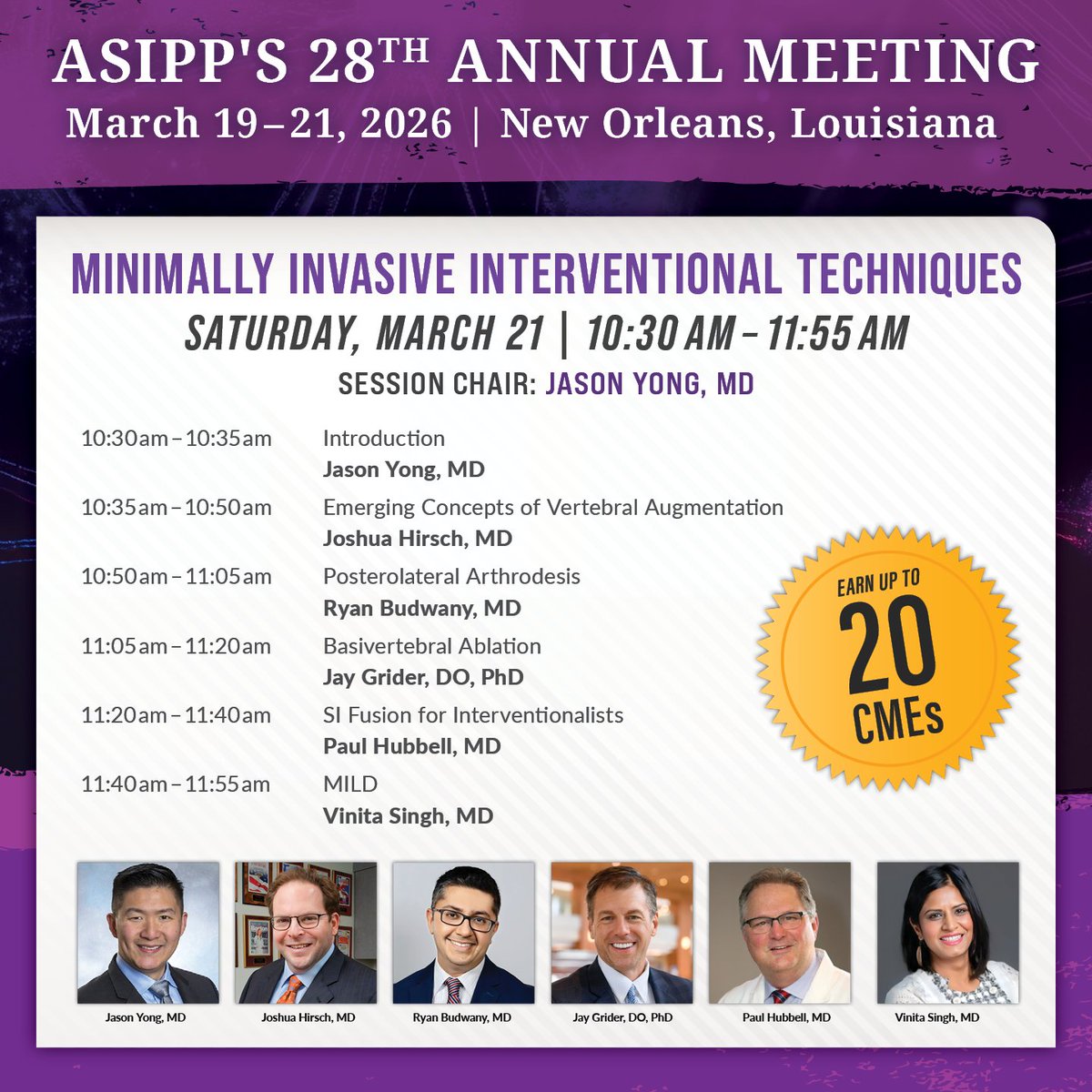 ASIPP's tweet image. Attend the Minimally Invasive Interventional Techniques session at ASIPP’s 28th Annual Meeting on Saturday, March 21, from 10:30–11:55 AM in New Orleans.

📅 March 19–21, 2026
📍 Hilton New Orleans Riverside

🔗 Agenda: ow.ly/UOGI50XHxFa
🔗 Register: ow.ly/UJnZ50XHxF6