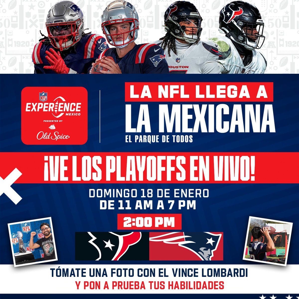 ❤️💙 Llega la #NFLExperience México al Parque "La Mexicana".

• Las actividades se realizarán este domingo 18 de enero, de 11:00 de la mañana y hasta las 7:00 de noche.

• Los asistentes podrán disfrutar del partido entre los #HTownMade y los #NEPats 

Registro NFLOnePass