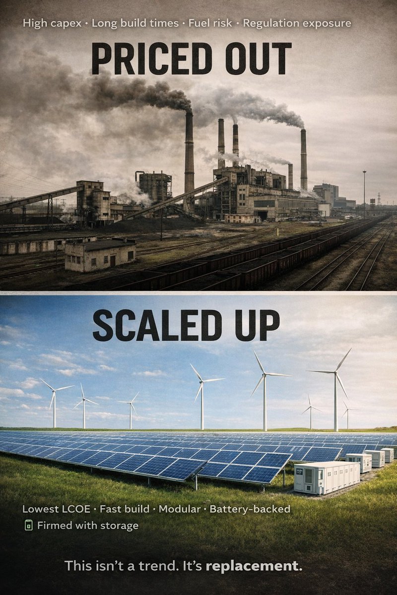 EVCurveFuturist's tweet image. The world isn’t “choosing” clean energy out of kindness. It’s switching because #solar &amp;amp; #wind are cheaper, faster to build &amp;amp; now paired with #batteries. Fossil power is losing on cost, speed &amp;amp; relevance. This isn’t a trend. It’s replacement! #BESS #Renewables #EnergyEconomics