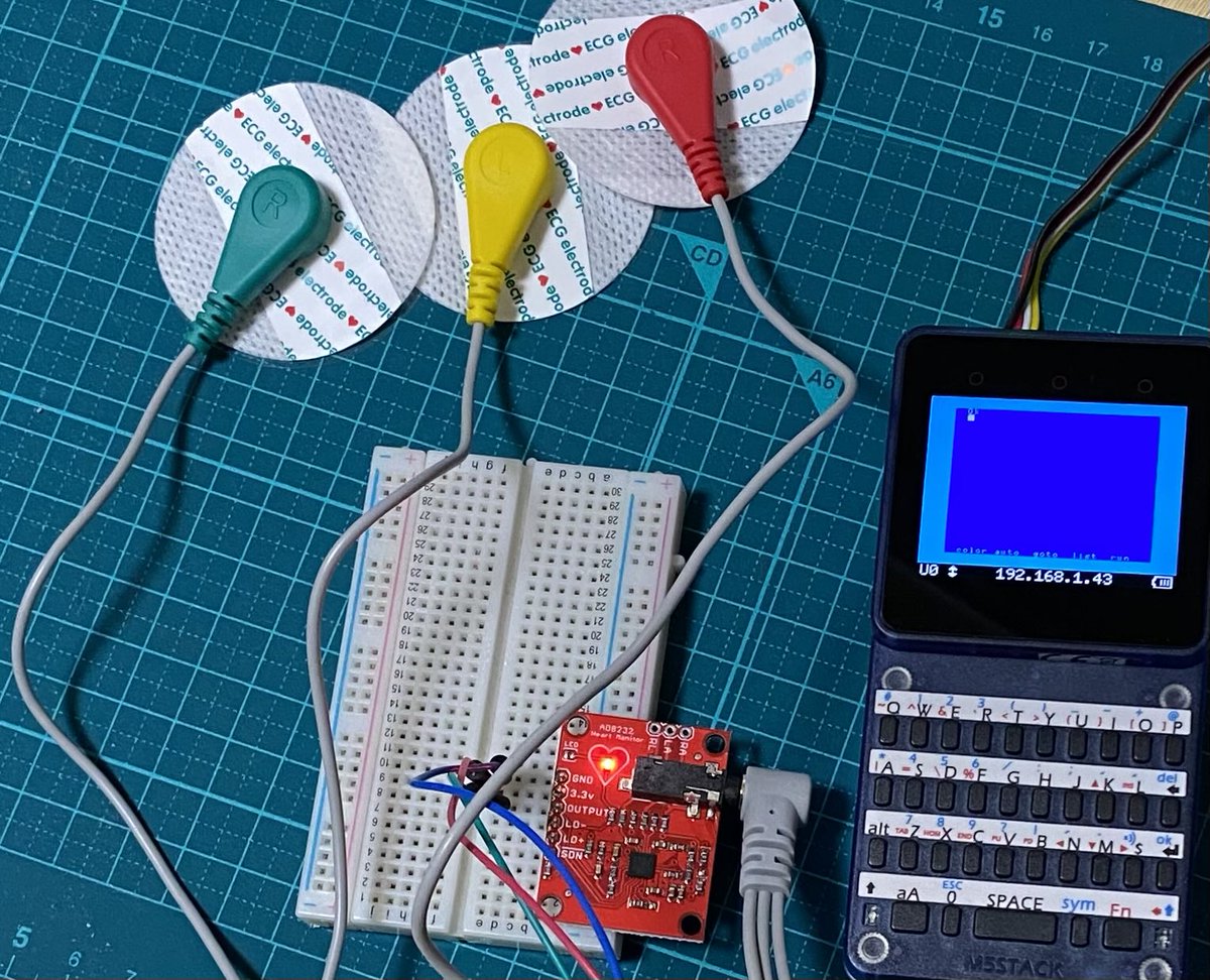 電子部品福袋に入っていた心電図センサーモジュール (AD8232)を #MSX0 で試した
3.3V仕様なのでGrove線の間にレベルシフターを挿入
最低限必要な配線は3本で、MSX0ではアナログ入力値をグラフ表示するのみで良い
速度が必要でべーしっ君を使用
心電図らしい波形を取得できた、ケーブルが短めで撮影難。