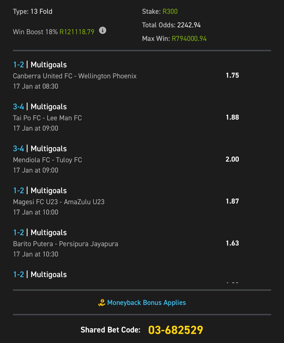 Multi-goals ☘️🙌🏽 with @Easybet_SA ✌️ Booking code : 03-682529 Odds : 2000  plus 🦻🏼 Betslip link: https://t.co/q5Fn8eRaAu Not yet on easybet 🦻🏼?  You Missing out big! 💛 Join easybet here: https://t.co/3lIqF84pkd ⚡️Get