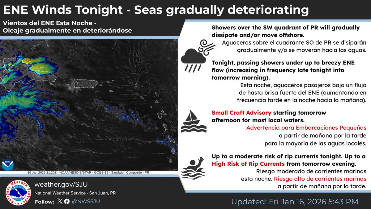 [Jan 16th] (1/2)
🌬️🌧️Showers over the SW quadrant of PR will gradually dissipate and/or move offshore. 
Tonight, passing showers under up to breezy ENE flow (increasing in frequency late tonight into tomorrow morning).

#PRwx #USVIwx