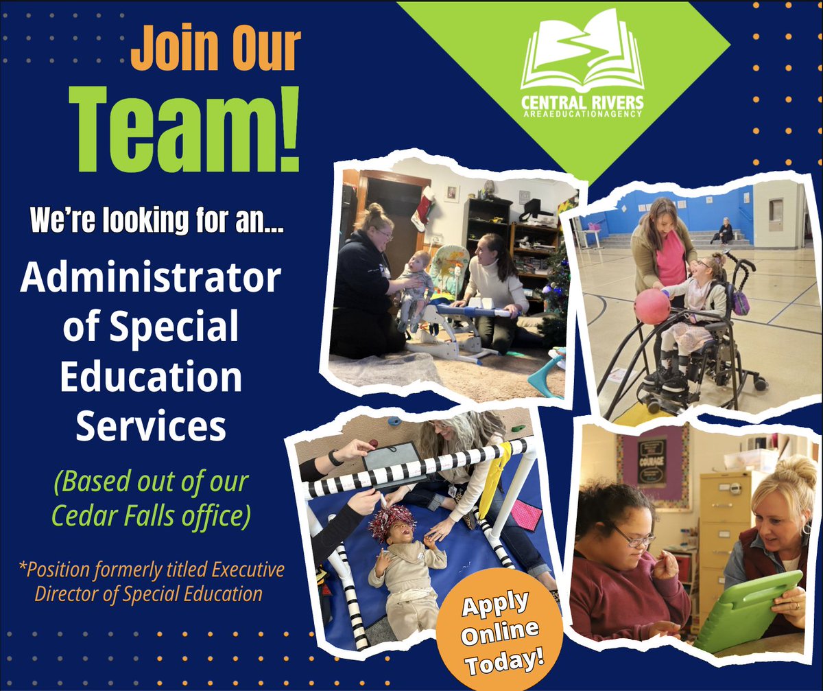 CentralRivers's tweet image. We’re hiring an Administrator of Special Ed Services! Lead a dedicated team &amp;amp; advocate for students across the region. If you’re a licensed Director of Special Ed in Iowa with a passion for leadership, apply online today! #CRAEA #iaedchat #nowhiring 🔗:bit.ly/3rLBNlk