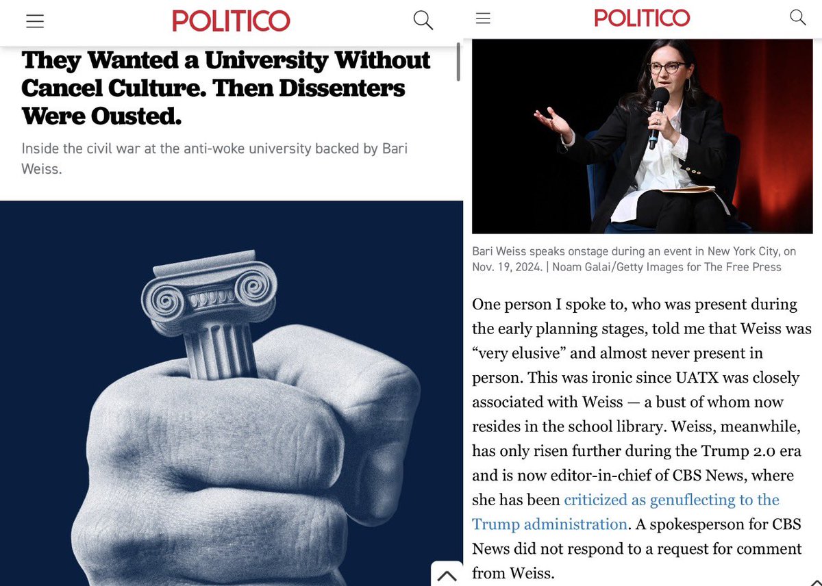 Another Bari Weiss special. What a fraud. 

Her right wing billionaire-backed “anti-woke/cancel culture” “free speech” university of Austin required people to fall in line, and dissenters were ousted.

Perfect. politico.com/news/magazine/…