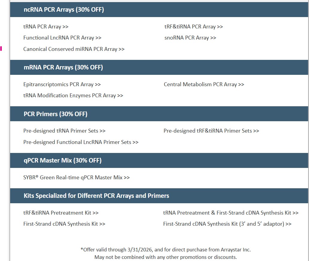 arraystarinc's tweet image. Save 30% off our PCR Arrays, Primers, and qPCR master mix for your in-house transcriptomic experiments! 

From tRNA Research tools to sample prep and kits, we've got you covered. 

Learn more here: arraystar.com/assets/1/6/new…