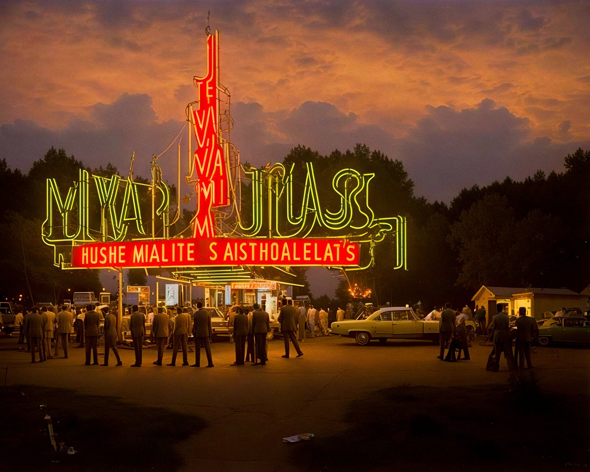 Neon sign crowd scene