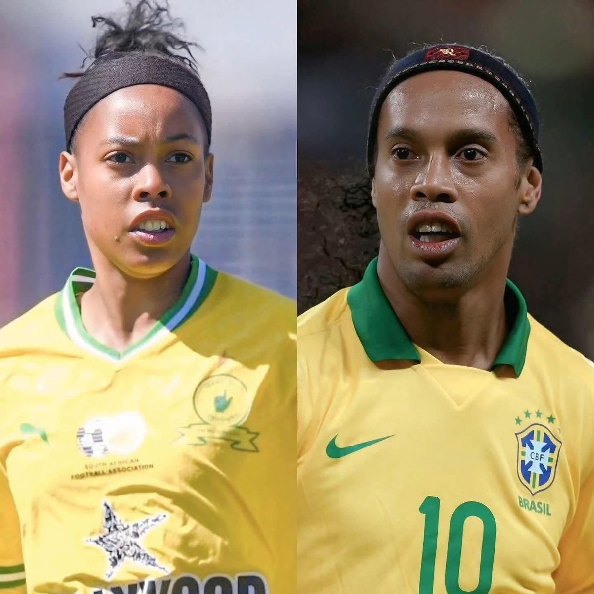 La chica que ves a la izquierda de la imagen se llama Miche Minnies, nació en el 2001 y es jugadora, seleccionada nacional por Sudáfrica. Curiosamente Ronaldinho visitó el país africano en el año 2000 para un partido amistoso entre Sudáfrica y Brasil.

Ese Dinho es un