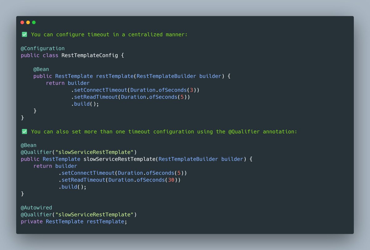 🚀 Spring Boot: If your application uses RestTemplate for REST calls, you can centralize timeouts with RestTemplateBuilder .
#SpringBoot #JavaDev