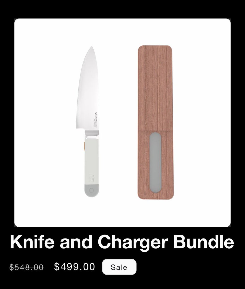 Words first ultrasonic Chef’s knife $400 

These frames justifies it and here are some facts about this knife 

• Uses “Japanese san Mai AUS-10” stainless steel .
• IP65 Water resistant 
• USB C &amp; Wireless charging .
• 1100 mAh knife-battery &amp; 10,000 mAh with Tile.
• with