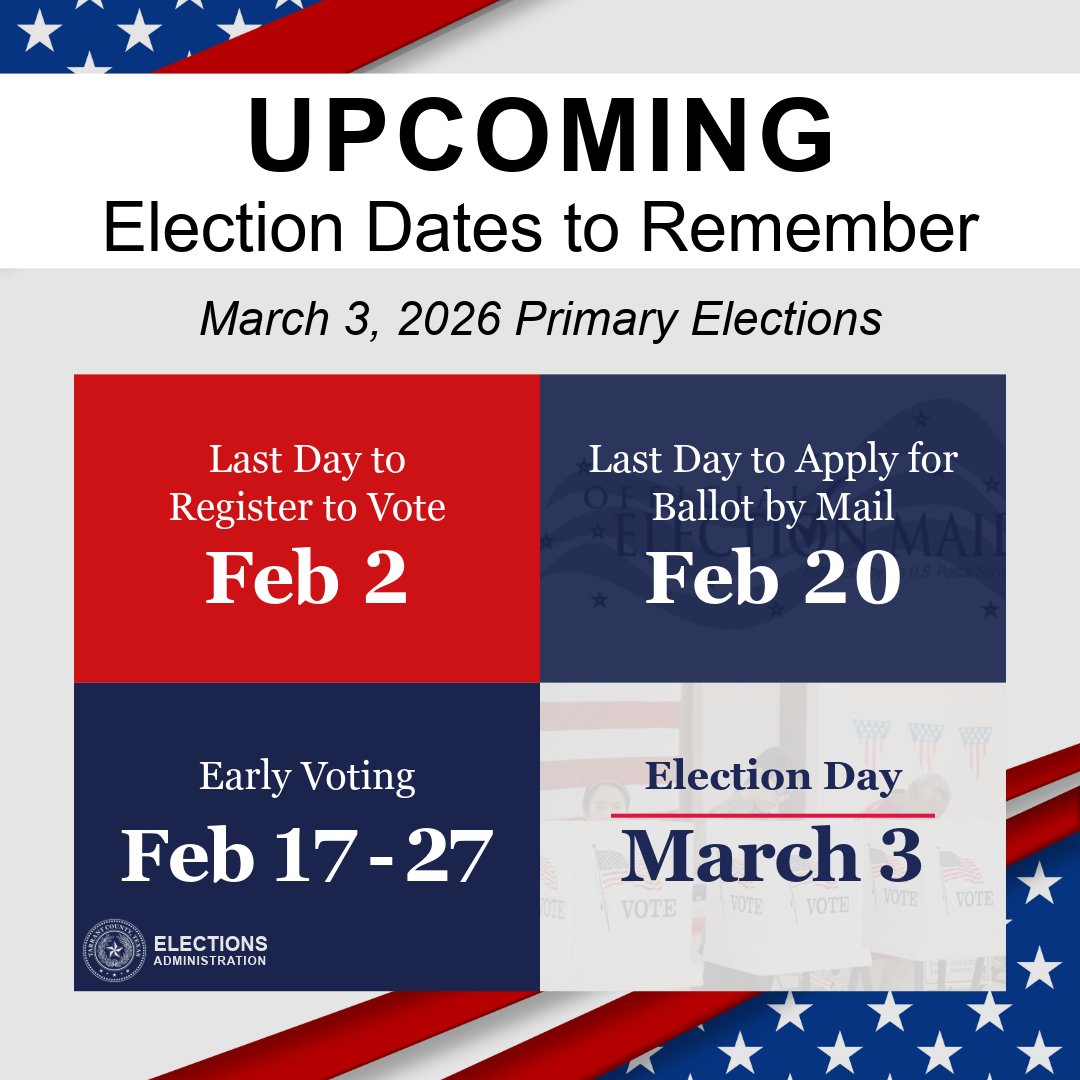 📆Important Dates to Remember for the upcoming Primary Elections.
👉For more information, visit tarrantcountytx.gov/elections