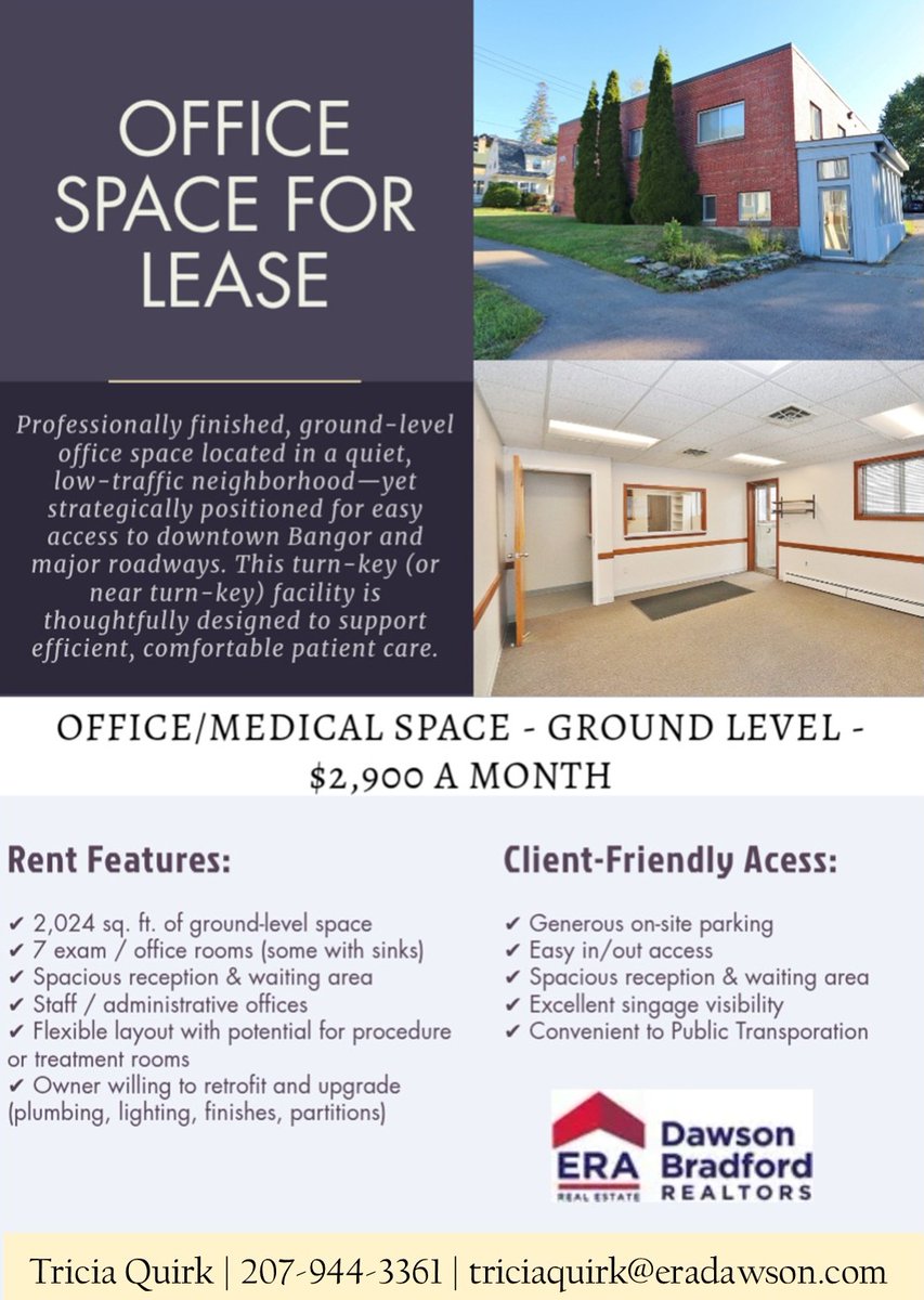 🏥 IDEAL MEDICAL OR PROFESSIONAL OFFICE SPACE
Minutes from Downtown Bangor
Perfect for medical, therapy, wellness, or professional office use.
📞 Schedule a showing today.