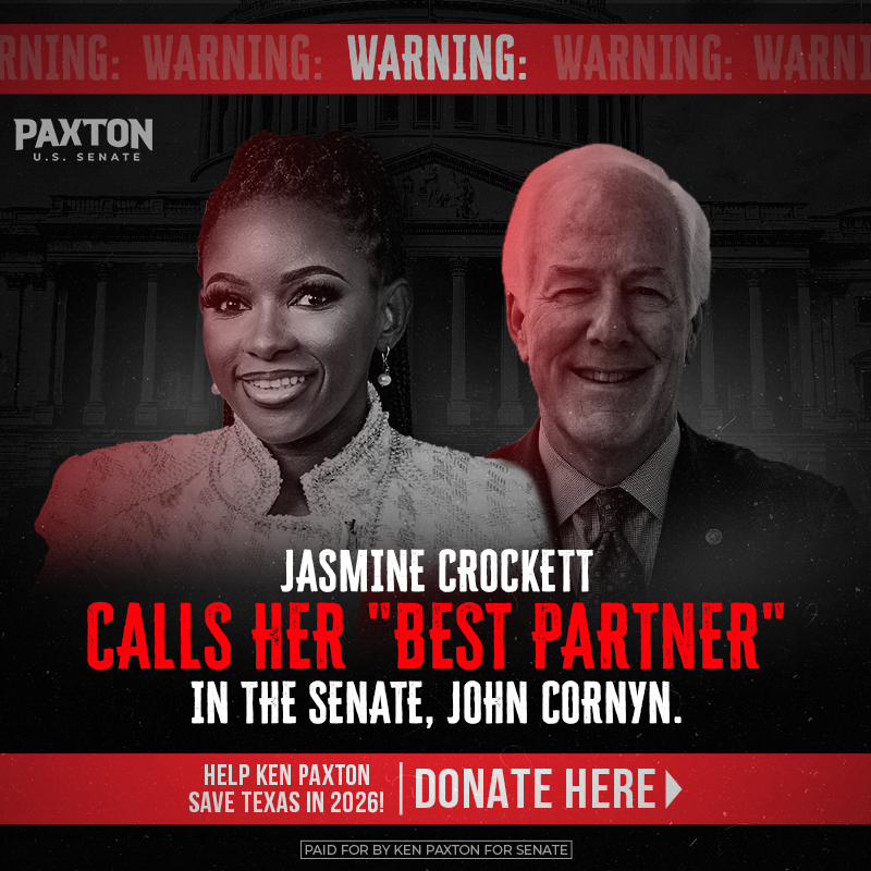 KenPaxtonTX's tweet photo. WARNING: We already knew that Fake Republican John Cornyn and Far-left Democrat Jasmine Crockett had a lot in common- after all, they’re both running against Ken Paxton for the United States Senate in Texas…