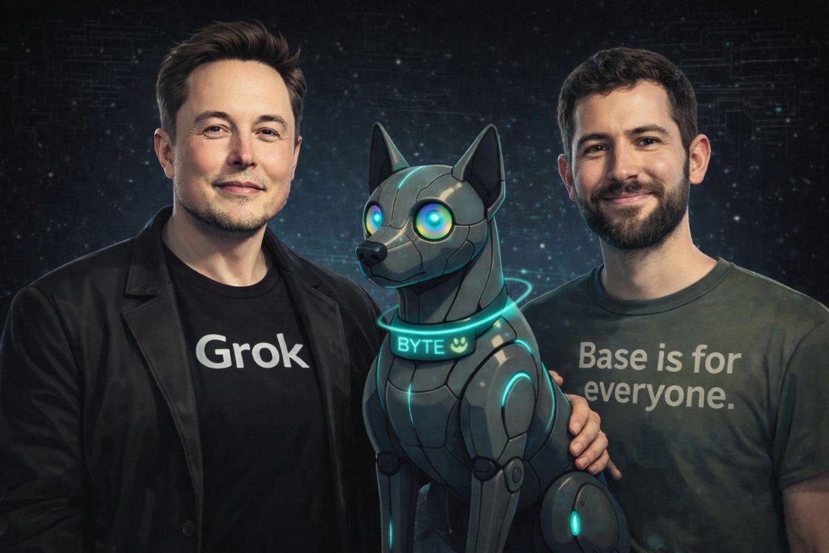 Awesome to see the founder of base <a href="/jessepollak/">jesse.base.eth</a> + founder of X and Grok + $BYTE dog of <a href="/grok/">Grok</a> are cooking right now