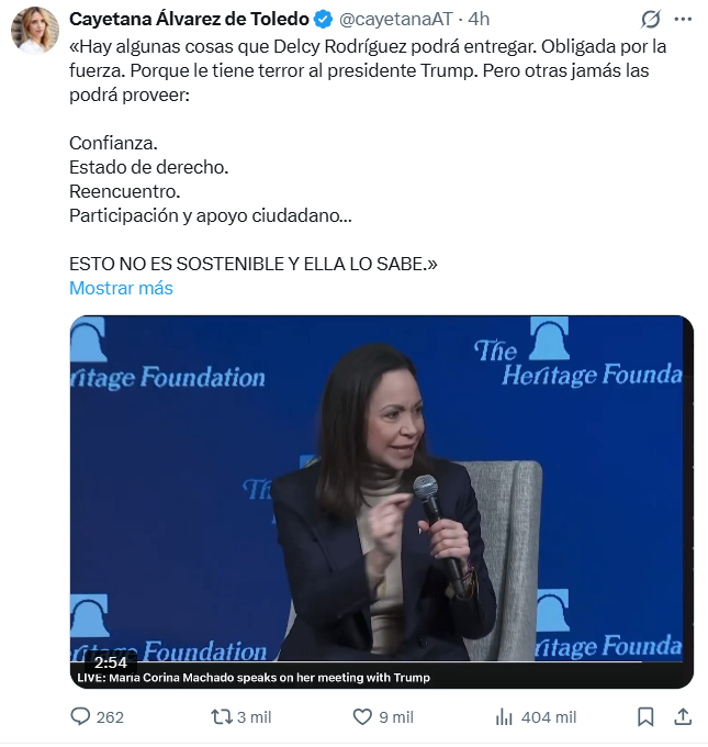 Atlas Network defendiendo su inversión. Tras las continuas humillaciones de Trump a María Corina Machado, organizaciones y militantes de Atlas Network como Heritage Foundation y Cayetana Alvárez de Toledo intentan blanquear su imagen y meter algo de presión a la Casa Blanca.