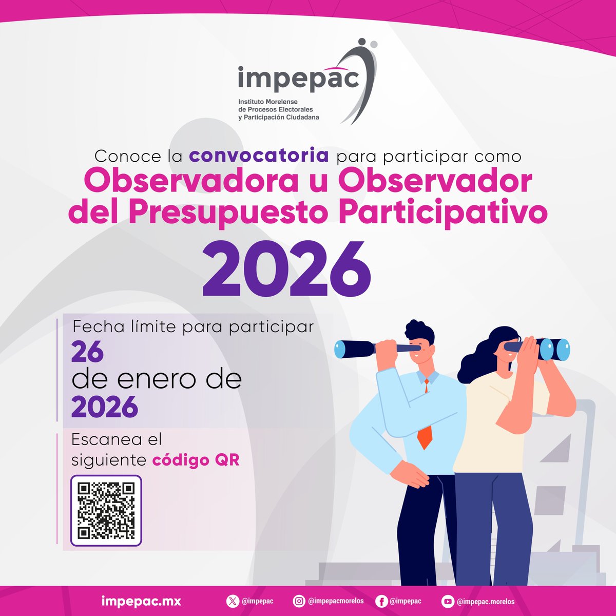 👀🗳️<a href="/Impepac/">impepac</a>
¿Te interesa participar como Observadora u Observador del Presupuesto Participativo 2026?
Si cumples con los requisitos de la convocatoria, ¡súmate a este ejercicio de participación ciudadana! 🤝✨
📲 Escanea el QR y conoce más información.