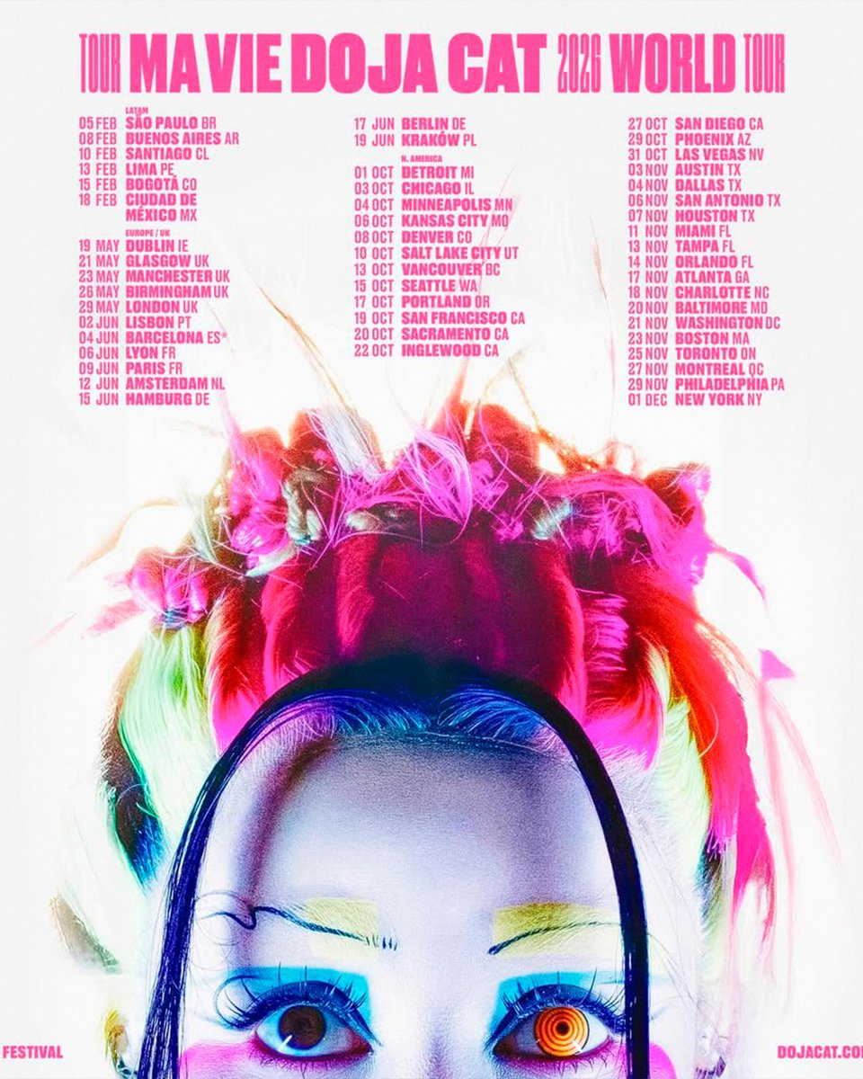exatv's tweet image. Hoy @DojaCat anunció oficialmente su llegada a México y #CDMX está a punto de arder 🔥💋

🌍✨ Tour Ma Vie World Tour
📍 Palacio de los Deportes
📅 18 de febrero de 2026

Por primera vez en nuestro país, la estrella californiana traerá su show más ambicioso para hacer vibrar a…