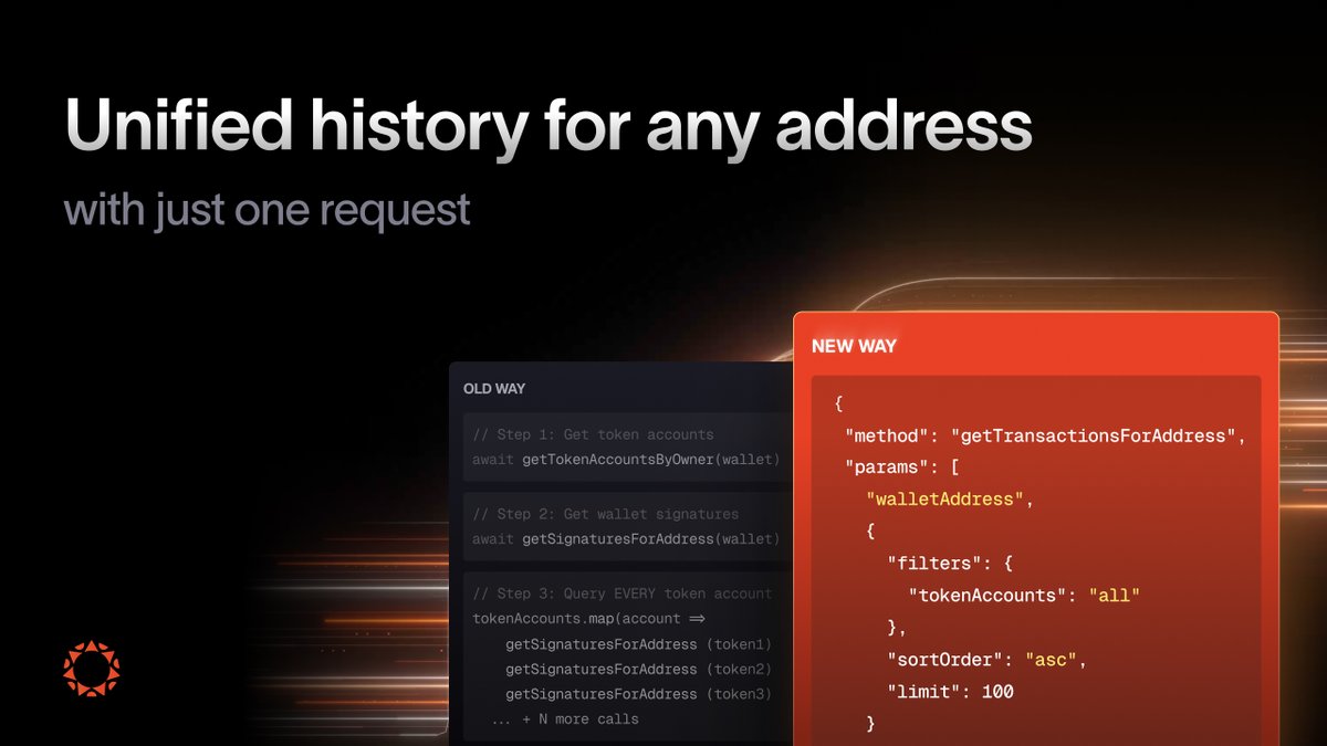 heliuslabs's tweet image. NEW

Solana wallet history is solved

Get the unified history for any address, including all ATAs, with just 1 call using the new tokenAccounts filter — now live for getTransactionsForAddress

Also, gTFA is up to 20x faster vs existing RPCs

Enjoy