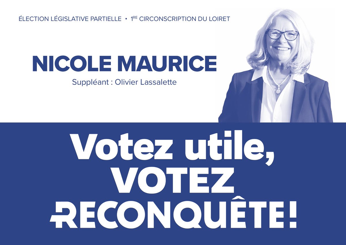 🗳️Dimanche 18 janvier, votez Nicole Maurice dans la 1ere circonscription du Loiret !

👉 Votez pour une députée qui défendra votre liberté, votre sécurité et votre pouvoir d’achat !

🚀 Votez utile, votez Reconquête !