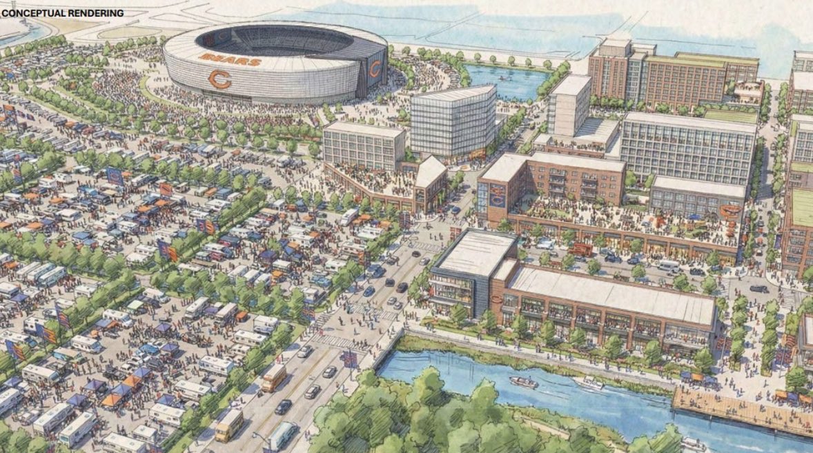 therealburns3's tweet image. One thing that a lot of people don’t understand about the Bears new stadium project regardless of where it is, they don’t want to just build a new stadium, they want to build an entire Bears town. 

Don’t like that this is in Indiana, but imagine the scenes here on Gameday.…
