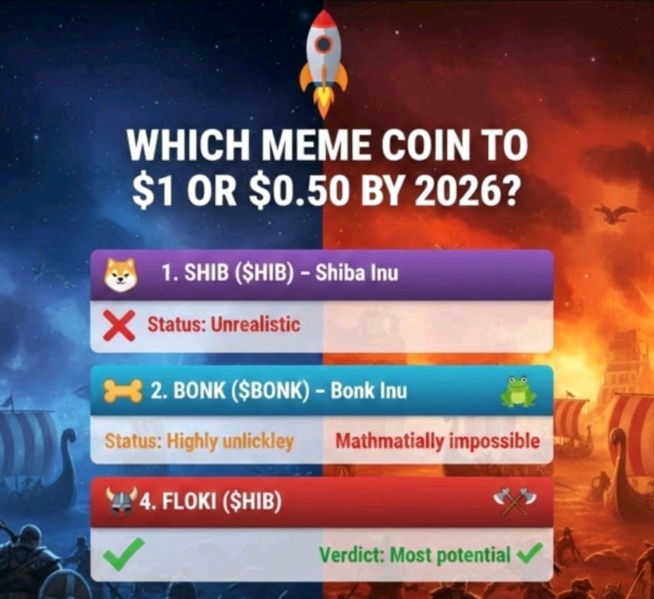 BSCGemsAlert's tweet photo. Which meme coin has a shot at $0.50–$1 by 2026?
$SHIB  — too far ❌
$BONK  — unlikely ⚠️
$PEPE — forget it ❌
$FLOKI  — real contender ✅ https://t.co/cUuQjvKD2p