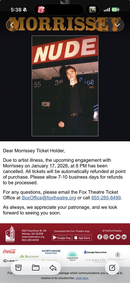 bamtringali's tweet photo. @richardblade another morrissey cancellation the day before the show https://t.co/mJ7UrqMuxU