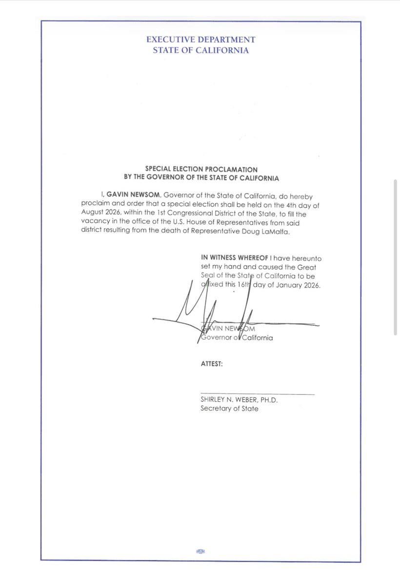 ZavalaA's tweet image. Gov. Gavin Newsom not doing any favors for Speaker Mike Johnson &amp;amp; GOP-led House. 

He calls August 4 special election to fill Rep. Doug LaMalfa’s seat for rest of his term (ending at the end of 2026)—waiting until the last possible day to hold the election under state law.