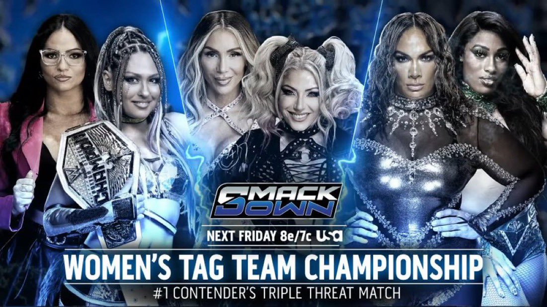WrestlePurists's tweet image. Announced for SmackDown next week:

• The Wyatt Sicks vs. MFT for the WWE Tag Team Championships 

• Giulia &amp;amp; Kiana James vs. Charlotte Flair &amp;amp; Alexa Bliss vs. Nia Jax &amp;amp; Lash Legend in a Women’s Tag Team Titles #1 Contender’s Match

• Trick Williams vs. Damian Priest…