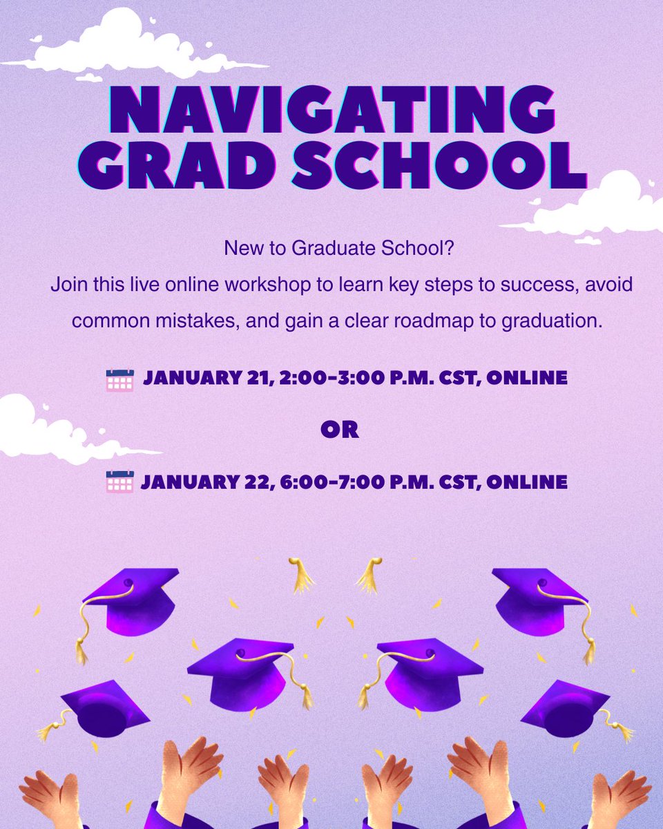 UTAGradSchool's tweet image. 🎓 Navigating Grad School
✨ New to grad school? Set yourself up for success with essential tips, common pitfalls to avoid, and a clear path to graduation.
🗓️ Jan 21 or Jan 22 | Online
👉Register now
tinyurl.com/yc8nhn5c
#GradLife #GradSuccess #UTA