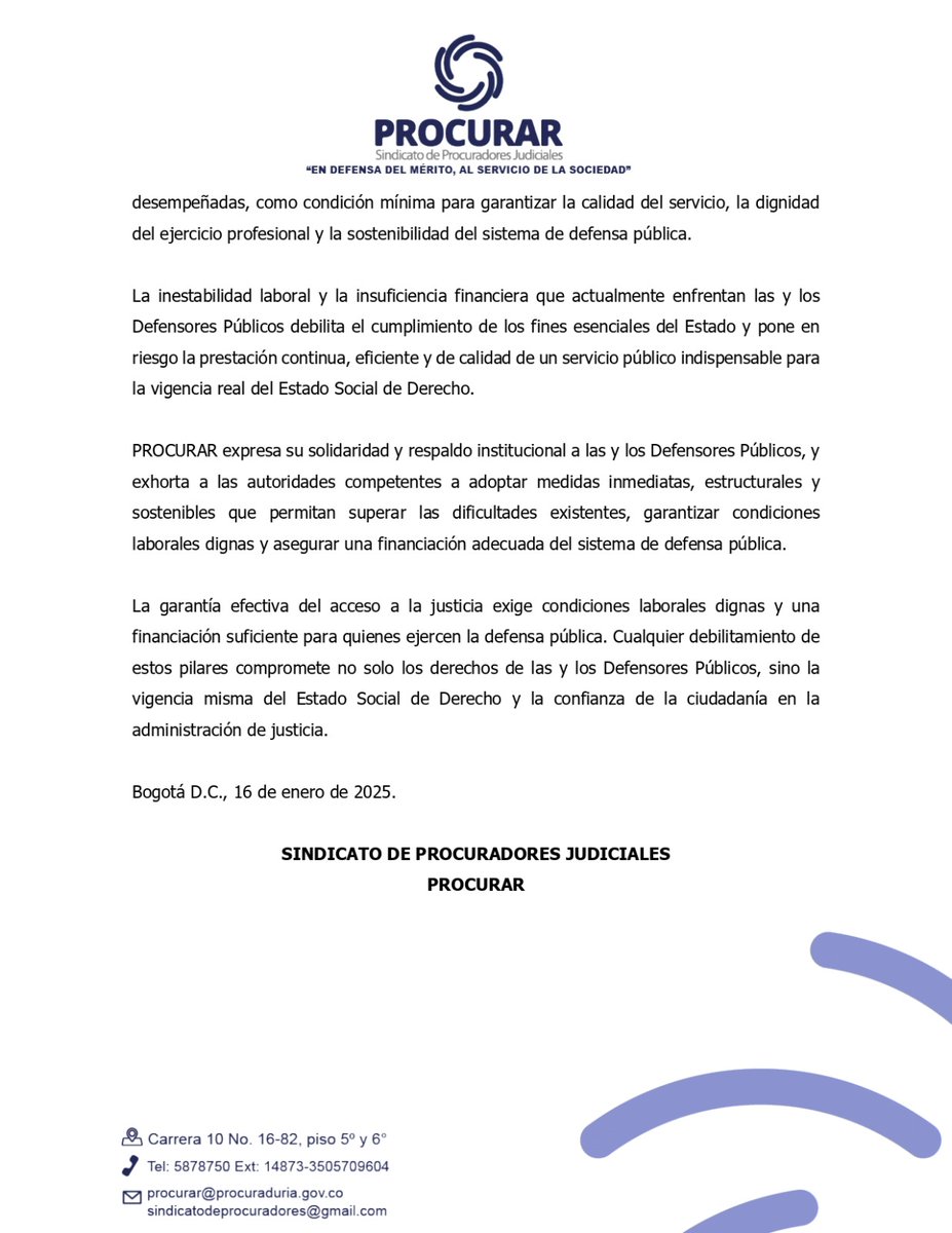 Desde PROCURAR – Sindicato de Procuradores Judiciales expresamos nuestro respaldo a las y los Defensores Públicos ante la afectación de sus derechos fundamentales.⚖️
 #DefensoríaPública #DerechosFundamentales #AccesoALaJusticia #PROCURAR
