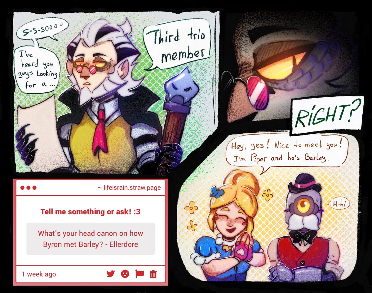 life_is_painn_'s tweet image. First meeting was pretty classic: Byron found an announcement sheet and just came to guys and started aura farming. Piper was very happy about new third member, and Barley as you can see it was love at first sight.