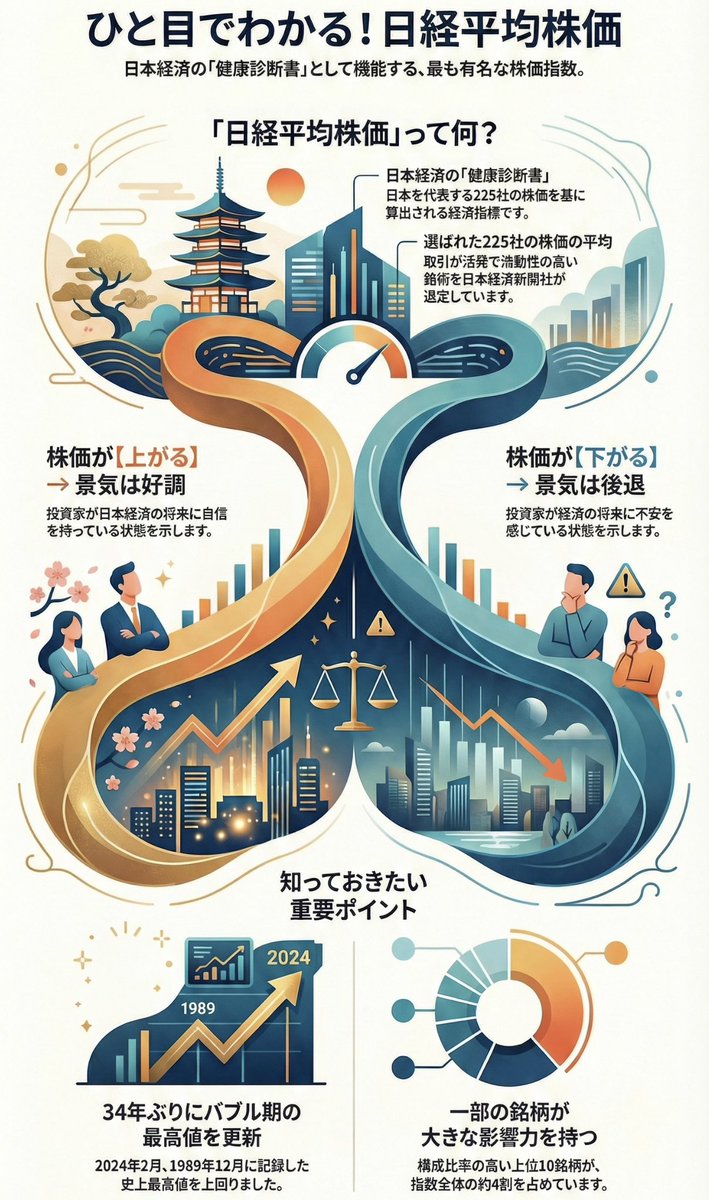最近よくニュースで耳にする日経平均株価。言葉は知っているけどいまいちピンときていない人も多いと思います。 日経平均株価とは一言で言うと、  「日本の企業全体の価値を表す指標」です。 もう少し詳しく言うと、日本を代表する225社（トヨタ、ユニクロなど）の株価を ...