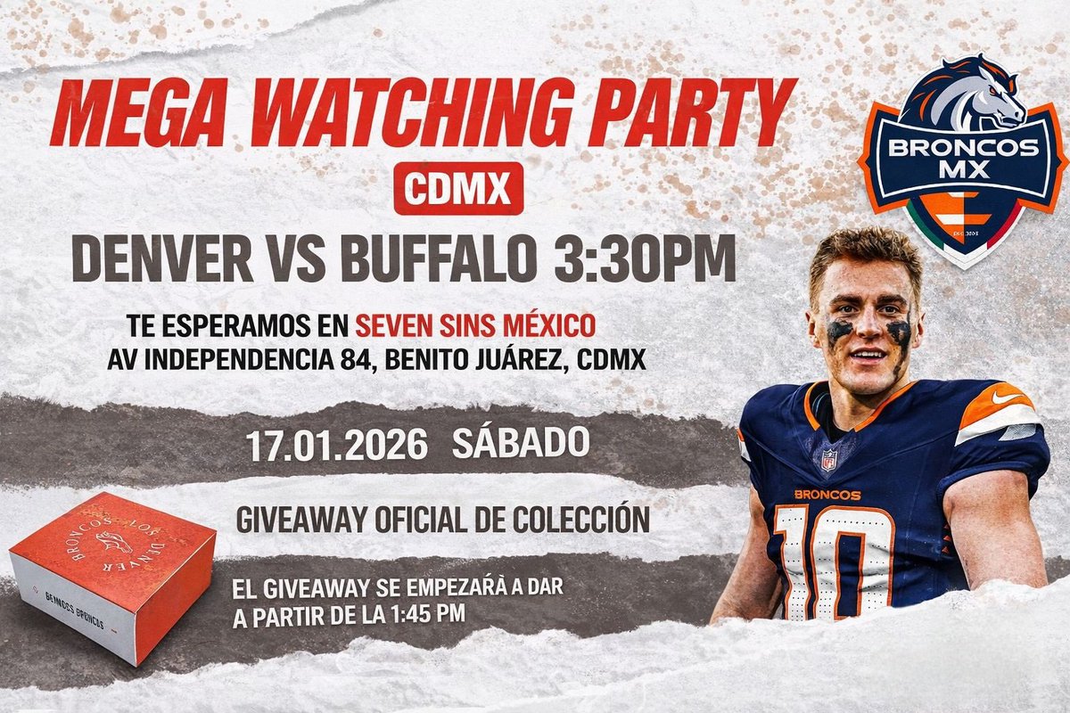 🧡🐎 Arrancamos con el sábado 17 de enero, la cita es en el Seven Sin México, para la #WatchParty de #BroncosCountry, 🎁 ¡habrá giveways oficiales!

Invita <a href="/DenverBroncosMx/">Denver Broncos MX 🇲🇽 #1 Seed</a>