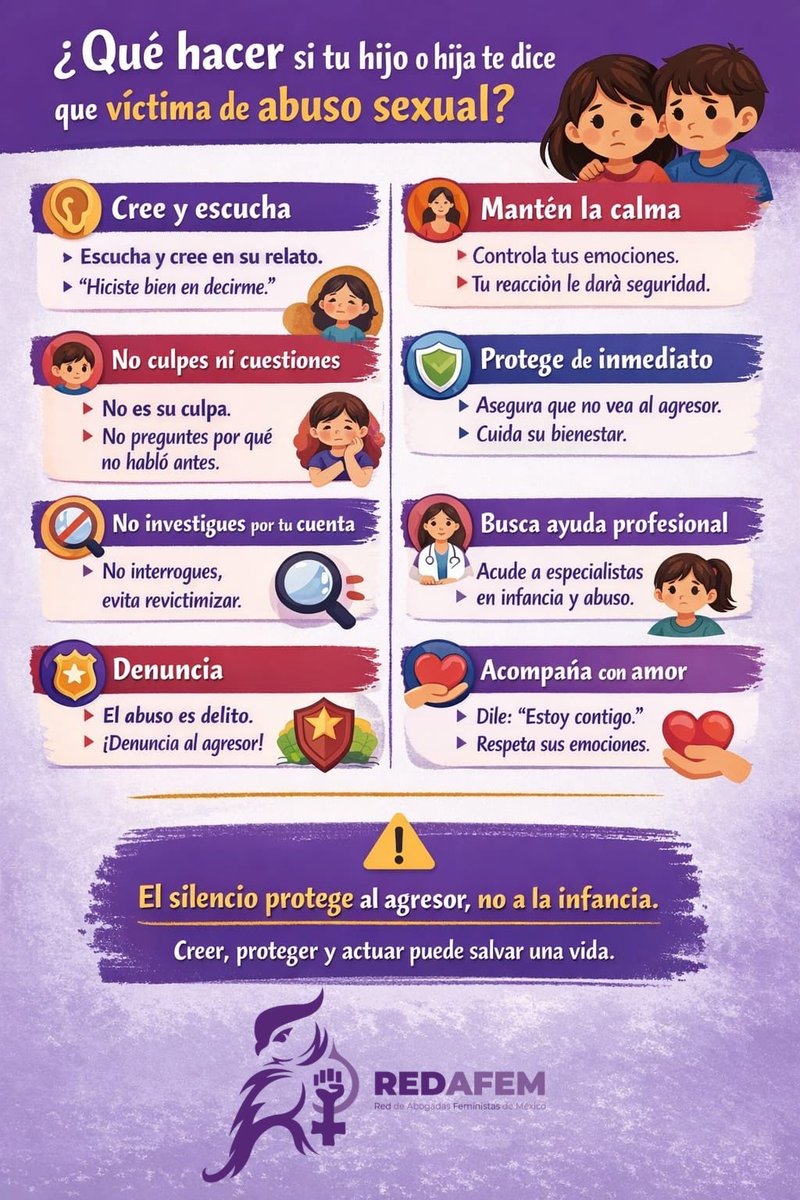 redafemx's tweet image. 🟣 ¿Cómo hablar con tu hijo o hija adolescente sobre la prevención del abuso sexual?

Hablar de abuso sexual no es sembrar miedo, es proteger. Escucha sin juzgar, crea un espacio de confianza y hazles saber que su cuerpo les pertenece.