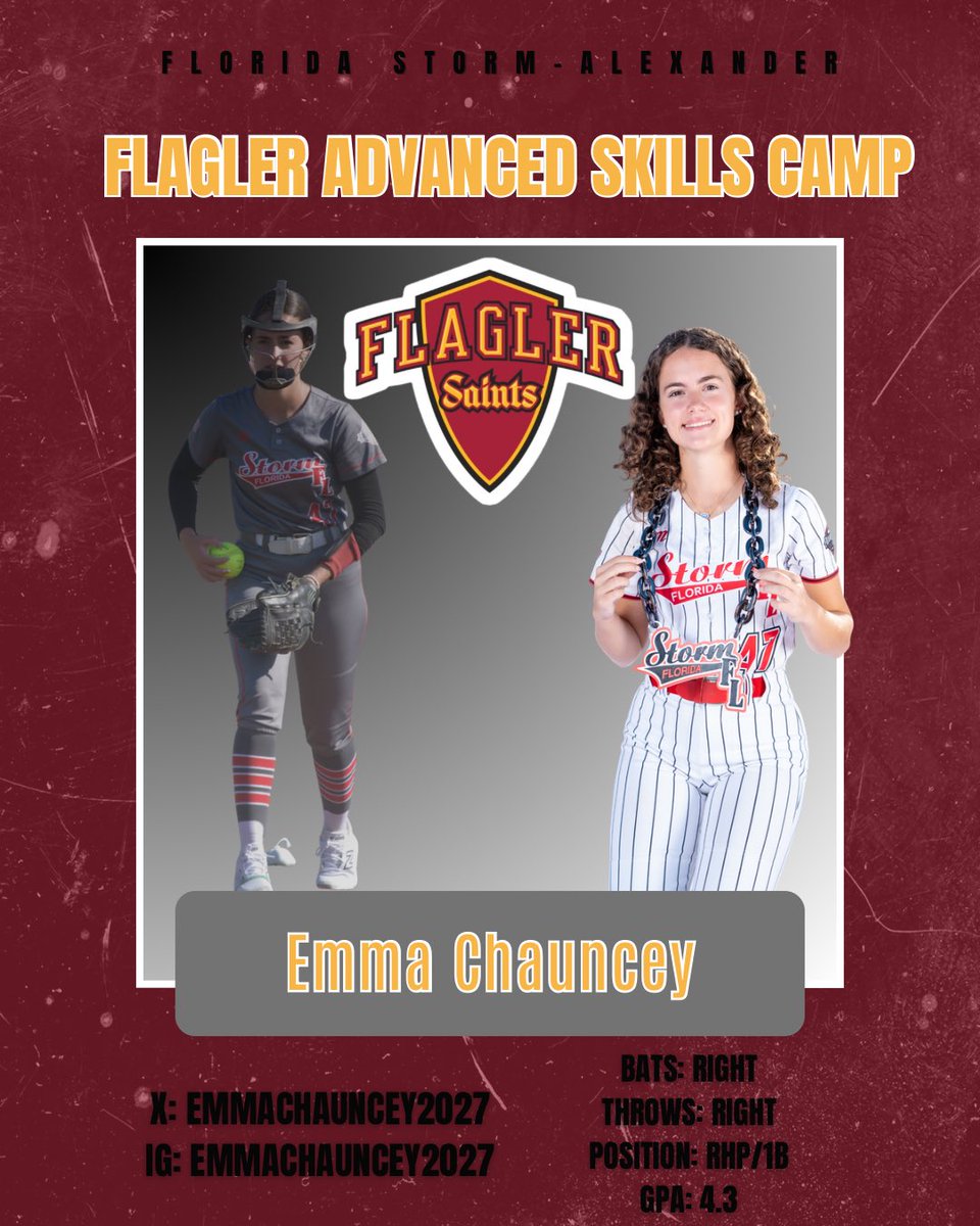 EmmaChauncey27's tweet photo. Heading to St.Augustine this weekend for the @FlaglerSoftball Prospect Camp!!! Can’t wait to showcase my skills!!
@flstorm16u 
#uncommitted #2027 #RHP https://t.co/8QTjNmUaWi