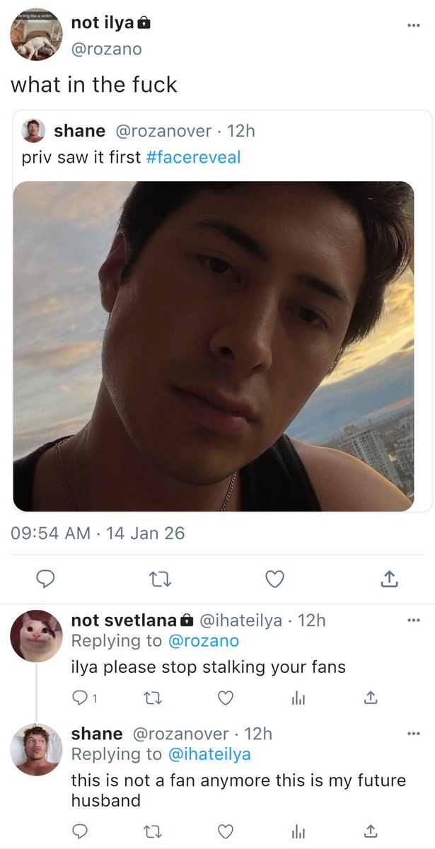 ilyasroza's tweet image. OKAY #hollanov smau where One Soul is one of the most popular bands on the scene rn, shane is a huge fan of ilya, one soul’s guitarist, and is popular in the fandom, one day shane posts a face reveal, not knowing ilya likes to interact with fans on his secret priv