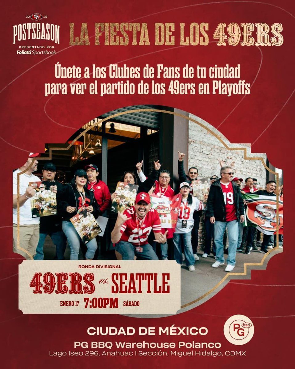 <a href="/DenverBroncosMx/">Denver Broncos MX 🇲🇽 #1 Seed</a> <a href="/jovche2/">Juan Olivares</a> <a href="/LauLau_Dbroncos/">🄻🄰🅄</a> ❤️ Seguimos con la #WatchParty de los fans de #FTTB, sábado 17 enero, 7pm, en el <a href="/PincheGringoBBQ/">Pinche Gringo BBQ</a>  de Polanco. 

Invita: CLUB #49ers México
#DivisionalRound