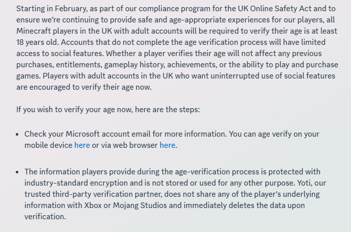 ibxtoycat's tweet image. A Minecraft spokesperson has just confirmed that age verification will be required for Minecraft social features in the UK