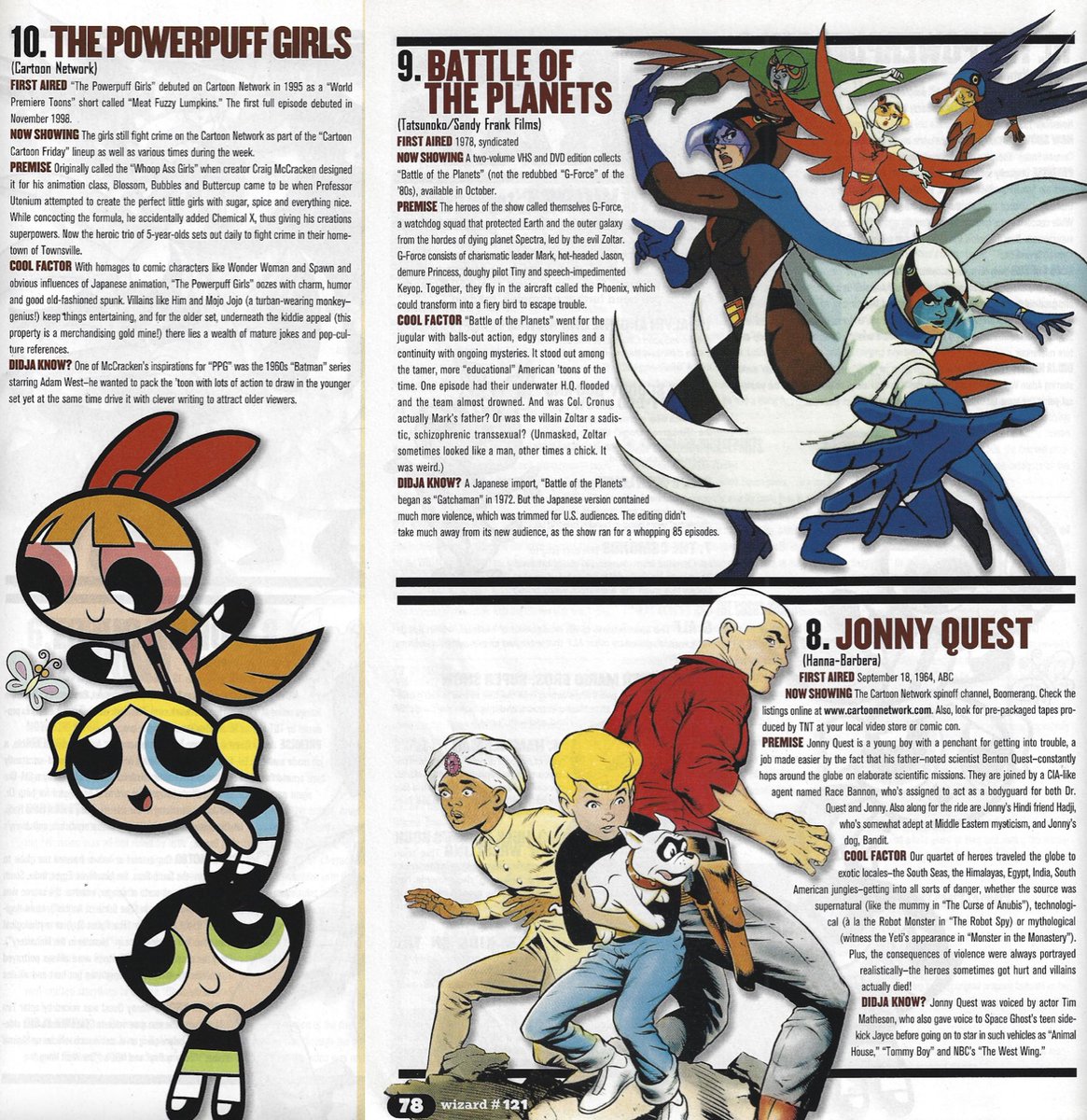 WizardsComics's tweet image. In Wizard’s countdown to the number 1 greatest cartoon, new stars of animation #thepowerpuffgirls scored the number 10 spot, while old school cartoon adventurers from #battleoftheplanets and #johnnyquest came in at 9 and 8. Would any of these have made YOUR Top 10 in 2001?