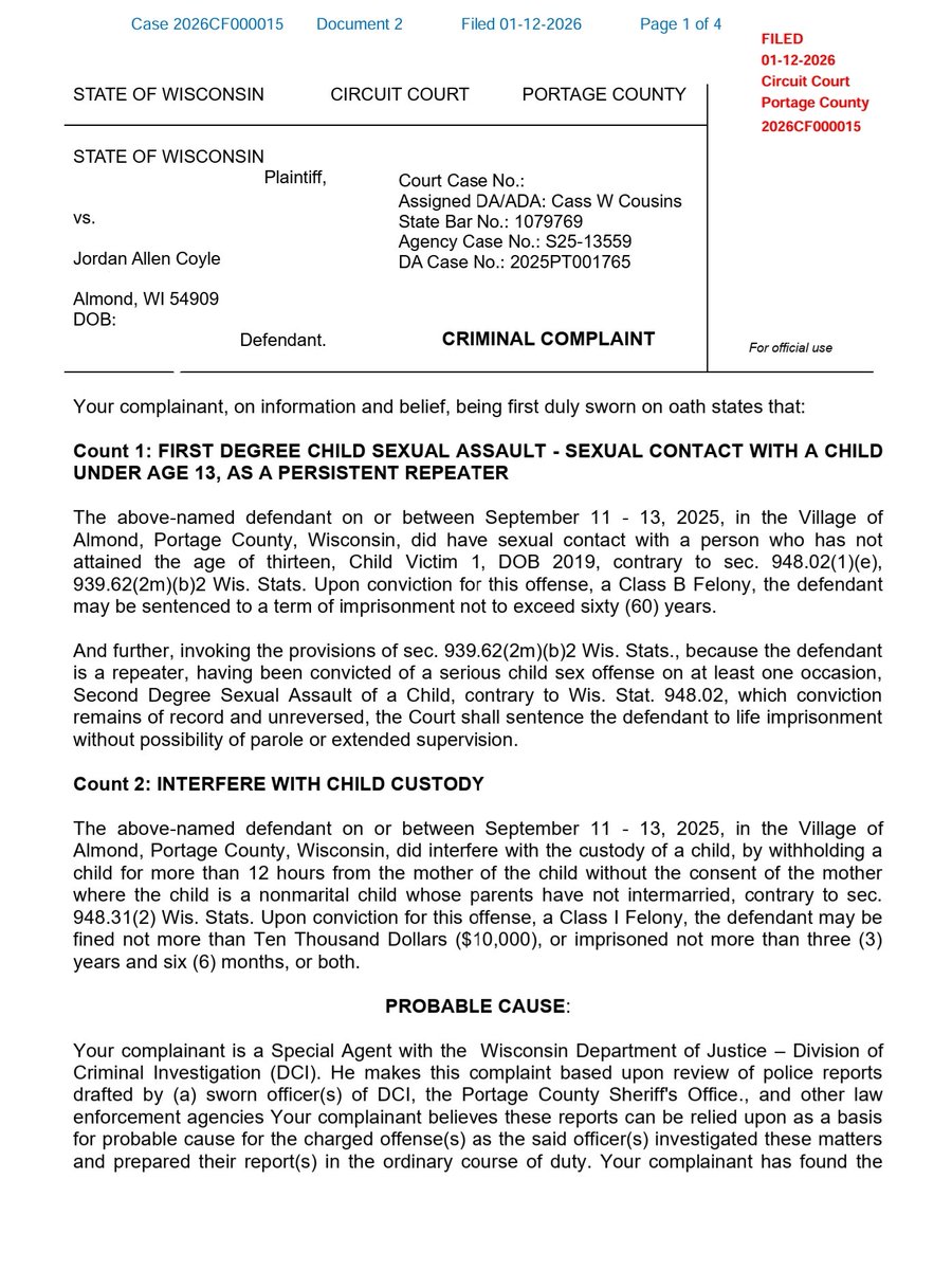 TrueCrimeFeline's tweet photo. 💥𝗗𝗢𝗖𝗨𝗠𝗘𝗡𝗧𝗦💥
#NSOR #Abduction
#Almond #Wisconsin
@truecrimegisela #WI
#JordanCoyle

📑 CRIMINAL COMPLAINT
▪️Interfere with Child Custody
▪️1st Degree Child Sexual Assault

#GrizzlyTrueCrime
Link to Full Documents ⬇️
https://t.co/aifZGBGY8F https://t.co/fqU3osSc44