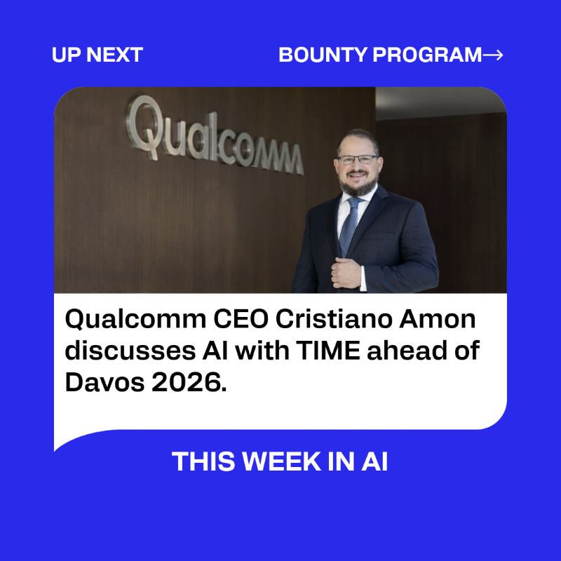 Qualcomm's tweet photo. This Week in #AI:  

Qualcomm #Dragonwing powers transformation of retail at #NRF2026, @cristianoamon talks future of AI with @TIME, and new On-Device Bounty Program with @nexa_ai.
