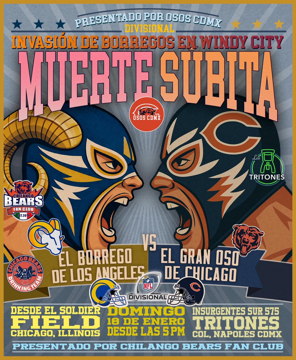 Finalizamos la jornada, el domingo 18 de enero, desde las 5PM, para la #WatchParty de los #DaBears en los Tritones Nápoles.

Invitan: Las <a href="/_BearGirls/">BearGirls 🐻⬇️🧡💙</a> 
#DivisionalRound