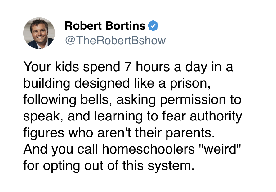 creation247's tweet image. I spent 20 years teaching public school, and have a Master's Degree in Education.

Trust me: Homeschool your children